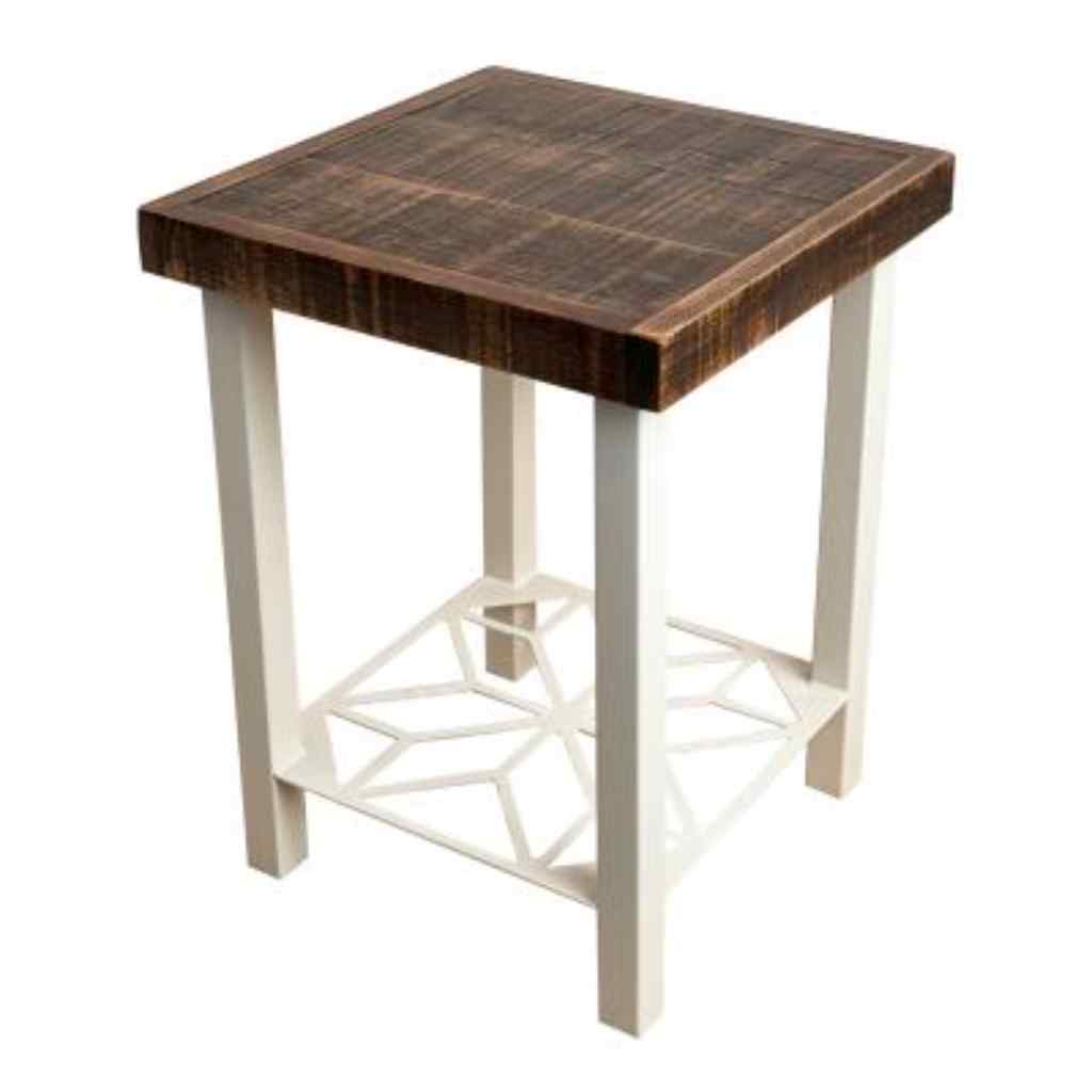 Iron End Table With Geometric Flower Design And Rough Sawn Top Solid Cottage/Rough Sawn