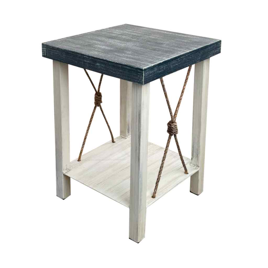 Iron End Table With Weathered Knotted Rope Accent And Rough Sawn Top - Navy Cottage/Weathered Navy
