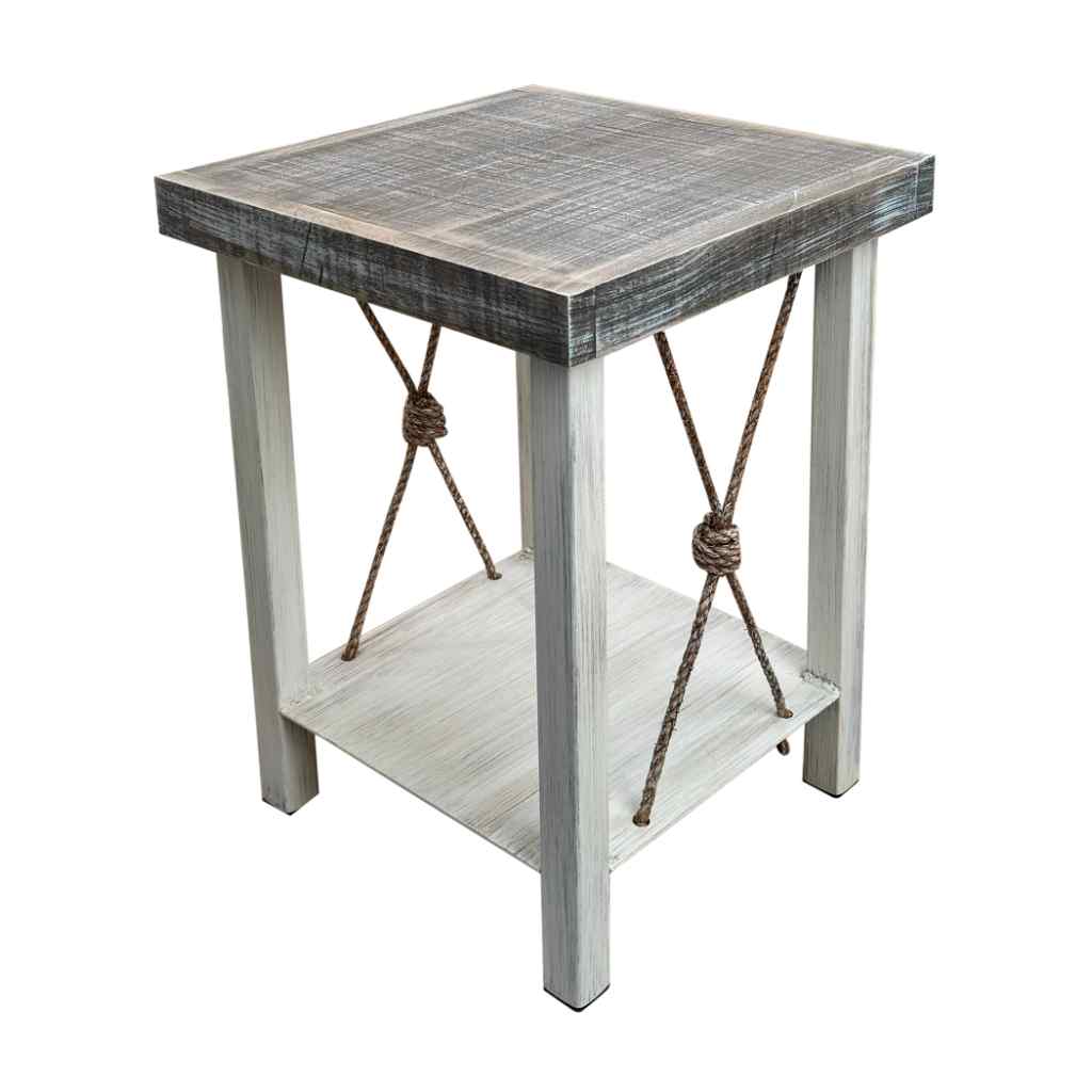 Iron End Table With Weathered Knotted Rope Accent And Rough Sawn Top Cottage/Weathered Rough Grey