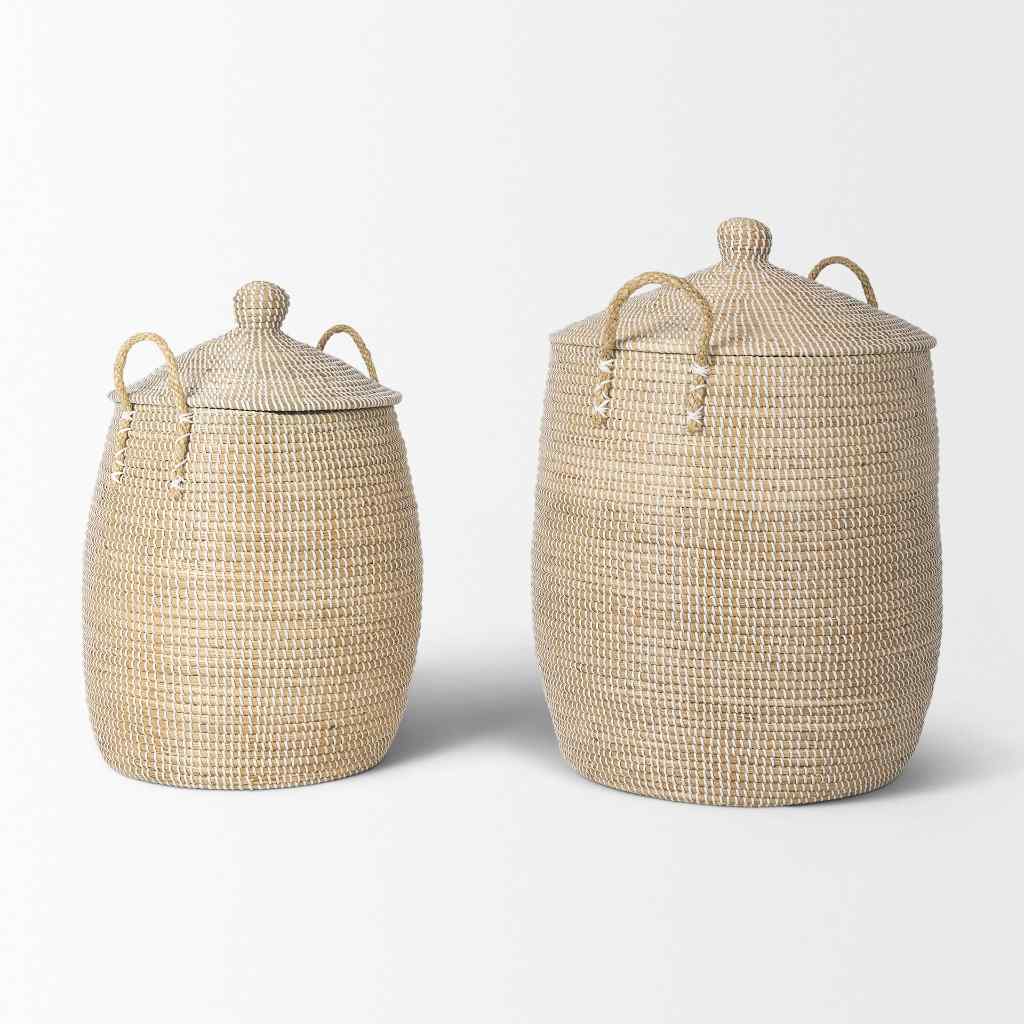 Kairi Set Of 2 Seagrass Floor Baskets W- Lids And Handles Brown