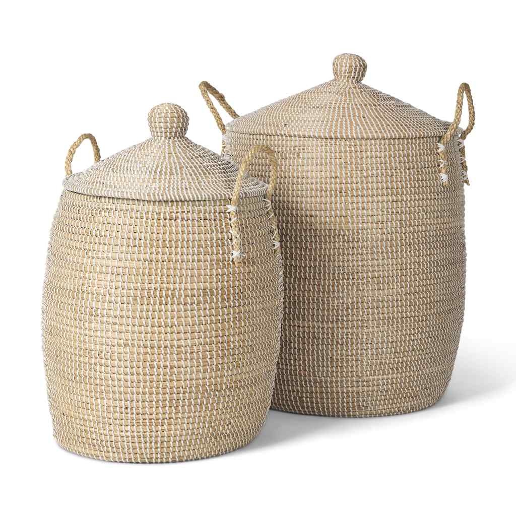 Kairi Set Of 2 Seagrass Floor Baskets W- Lids And Handles Brown