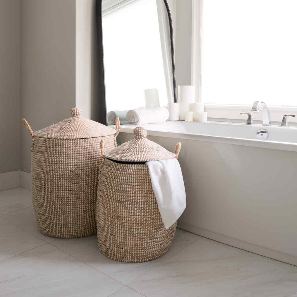 Kairi Set Of 2 Seagrass Floor Baskets W- Lids And Handles Brown