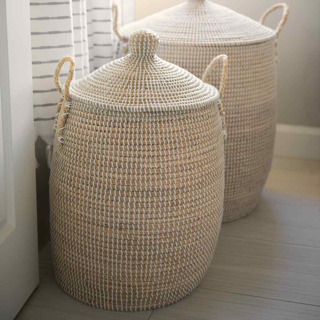 Kairi Set Of 2 Seagrass Floor Baskets W- Lids And Handles Brown