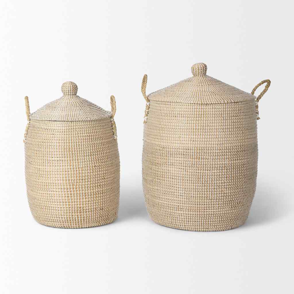 Kairi Set Of 2 Seagrass Floor Baskets W- Lids And Handles Brown