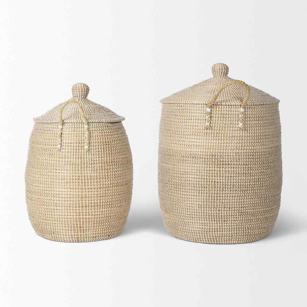 Kairi Set Of 2 Seagrass Floor Baskets W- Lids And Handles Brown