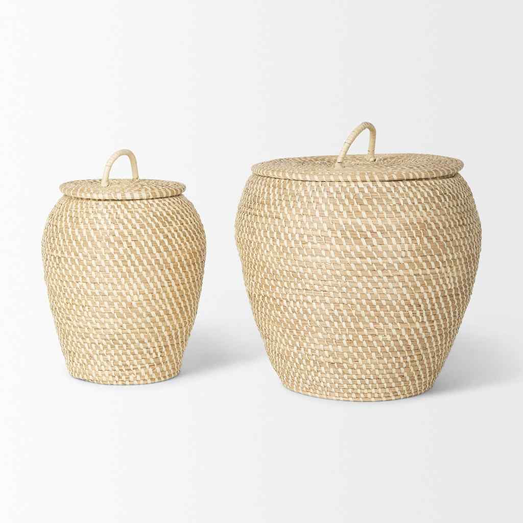 Kalopa Set Of 2 Seagrass Floor Baskets W- Flat Handled Lid Brown