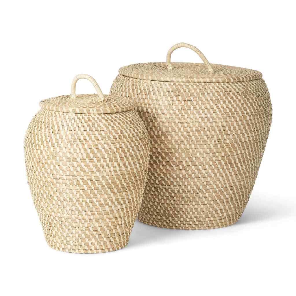 Kalopa Set Of 2 Seagrass Floor Baskets W- Flat Handled Lid Brown