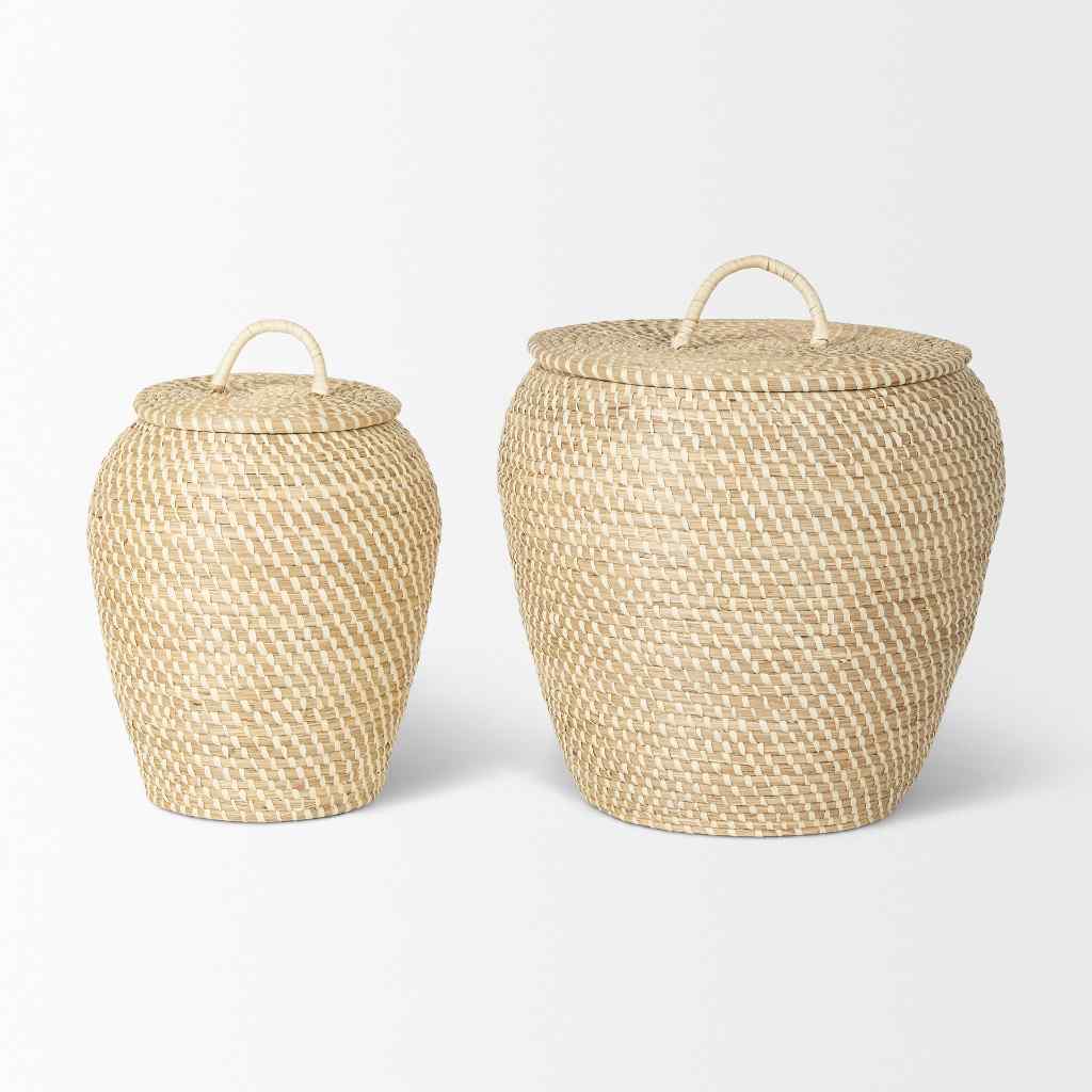 Kalopa Set Of 2 Seagrass Floor Baskets W- Flat Handled Lid Brown