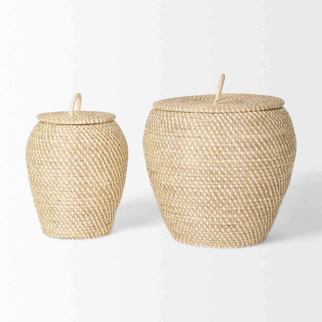 Kalopa Set Of 2 Seagrass Floor Baskets W- Flat Handled Lid Brown