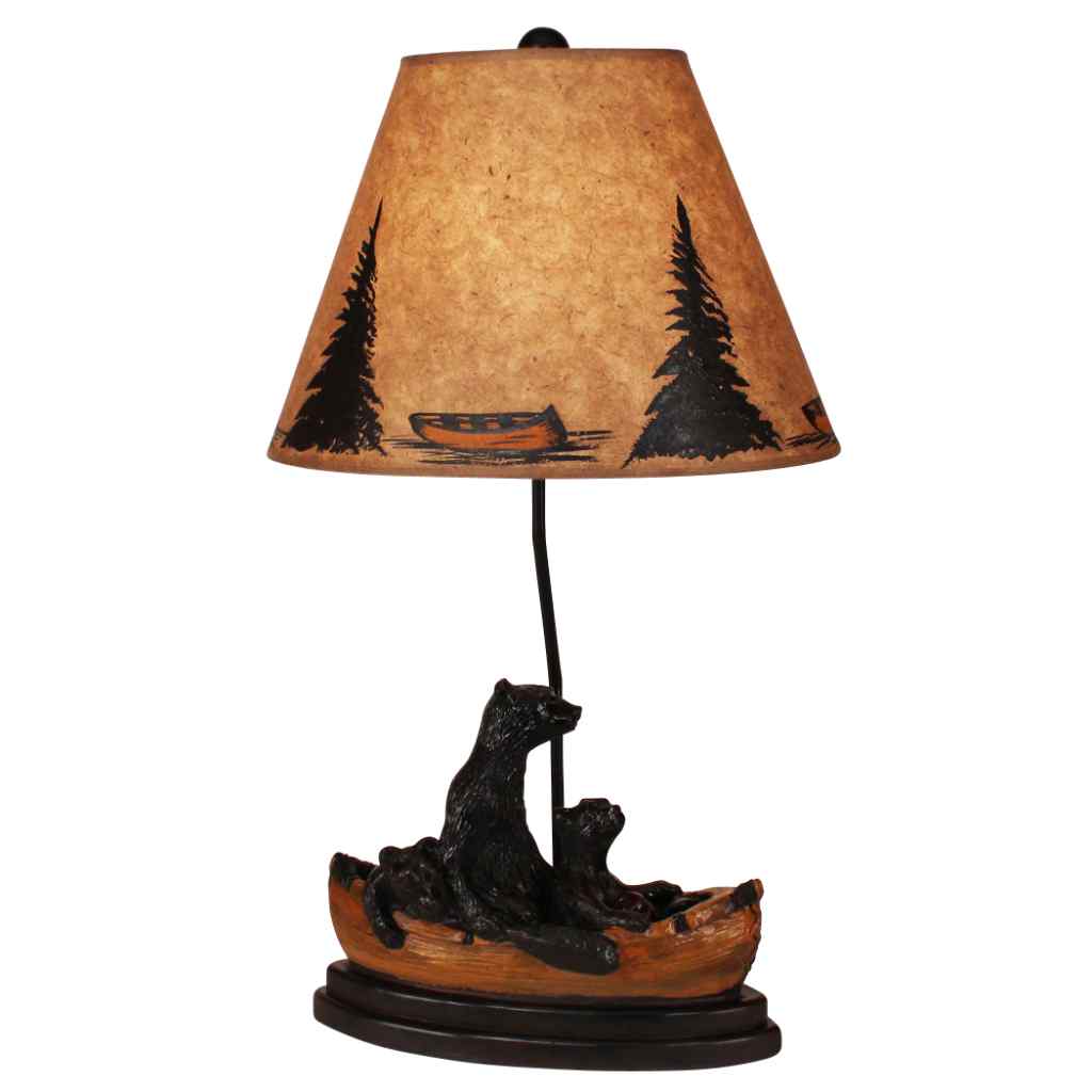 Kodiak-Honey Bear Family Canoe Table Lamp - Canoe And Tree Shade Kodiak With Honey Accent