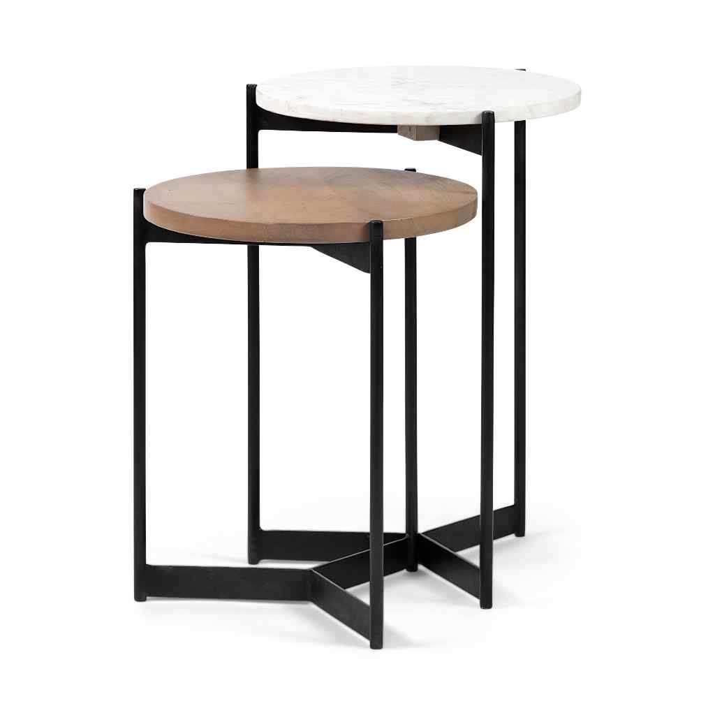 Larkin Ii Marble And Medium Brown Wood Round Tabletop Nesting End-Side Tables White