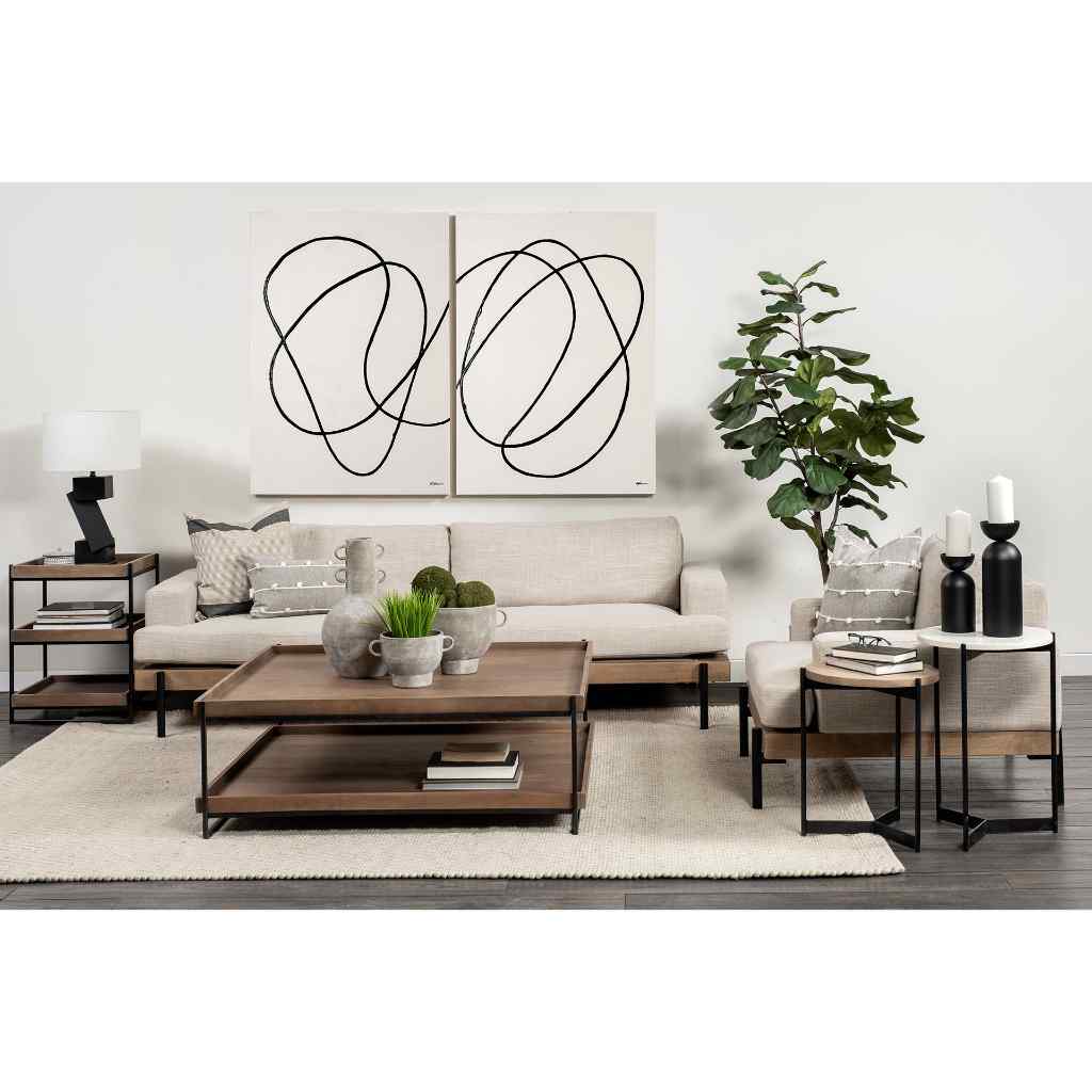 Larkin Ii Marble And Medium Brown Wood Round Tabletop Nesting End-Side Tables White