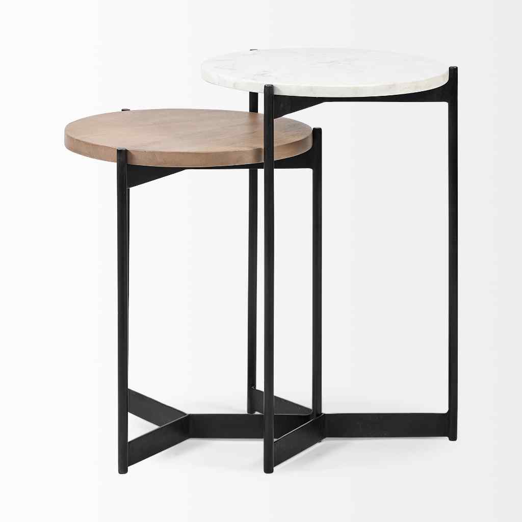 Larkin Ii Marble And Medium Brown Wood Round Tabletop Nesting End-Side Tables White
