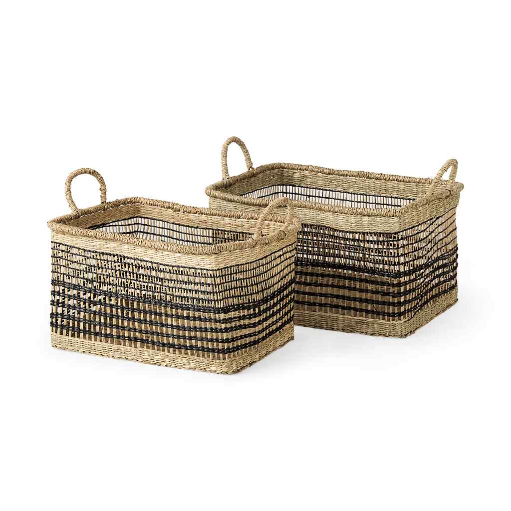 Nia 18.5L X 13.4W X 14.6H Set Of 2 Light Brown Seagrass Rectangular Basket With Handles Brown