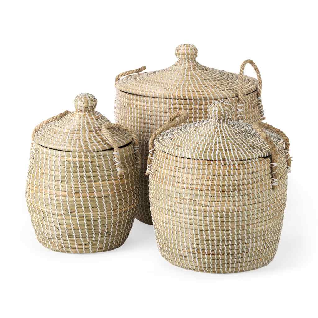 Olivia 15.7L X 15.7W X 17.3H Set Of 3 Beige Seagrass Basket W-Lid And Handles Beige