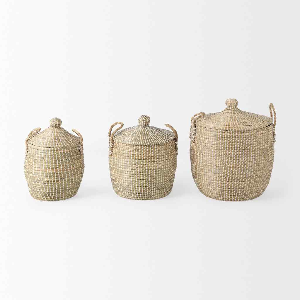 Olivia 15.7L X 15.7W X 17.3H Set Of 3 Beige Seagrass Basket W-Lid And Handles Beige