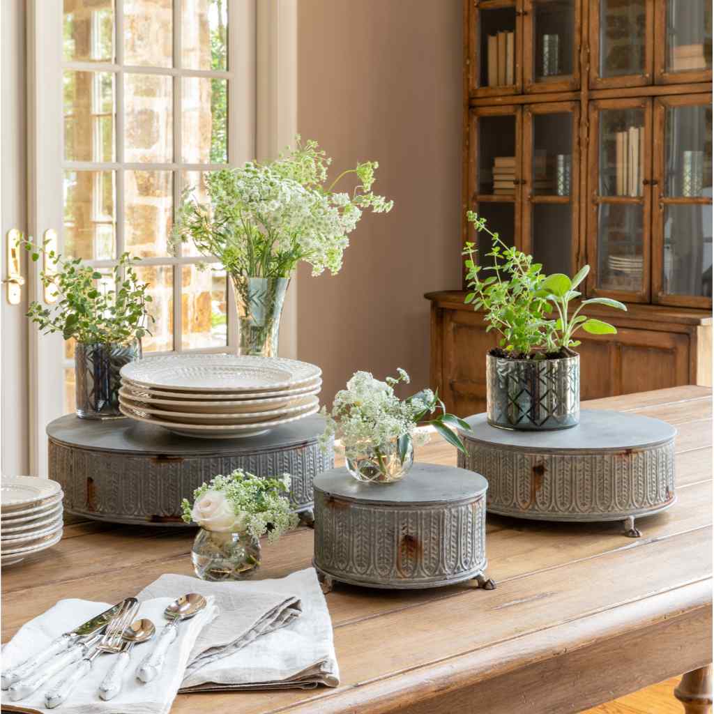 Vintage-Style Round Tinwork Display Platforms, Set of 3 Gray