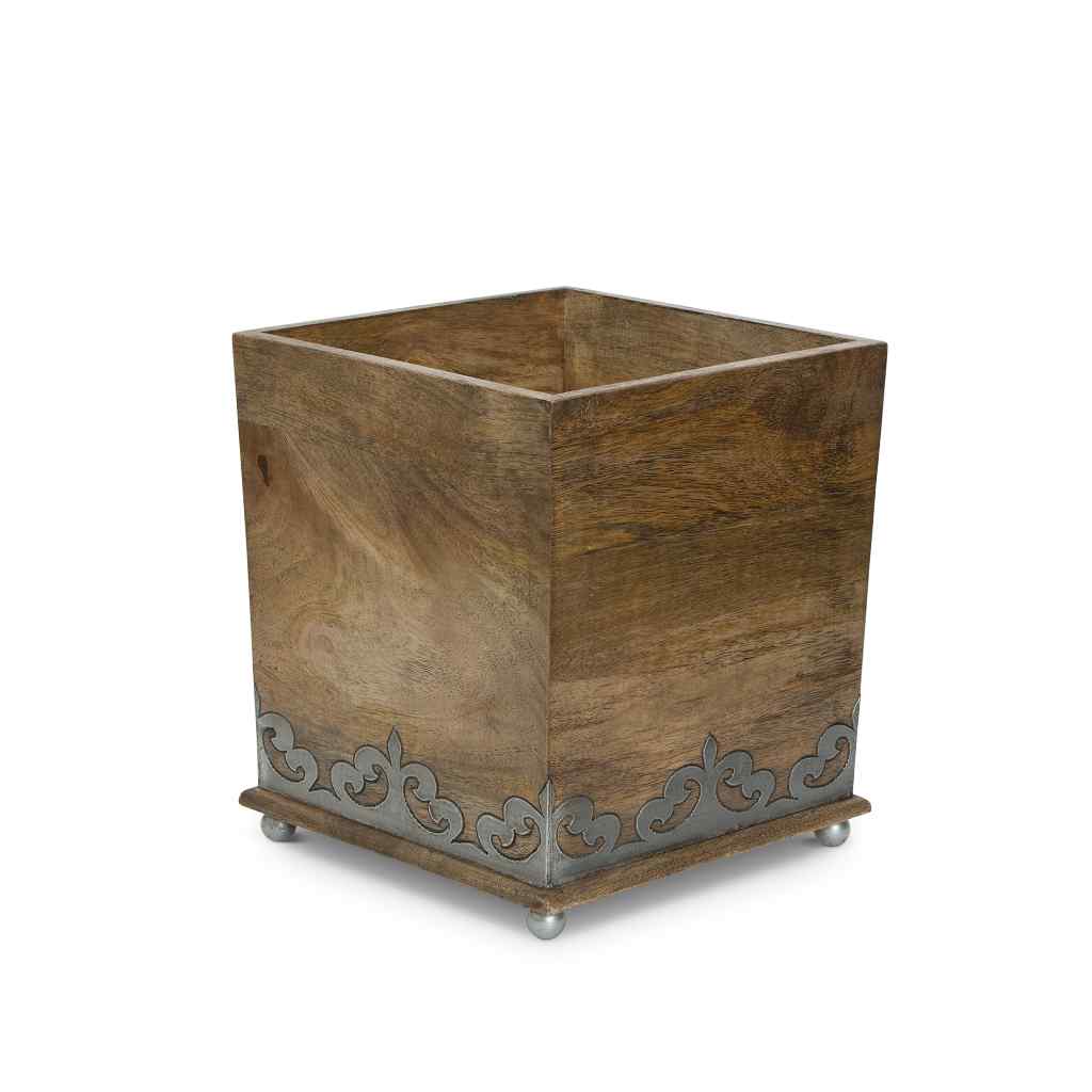 Heritage Inlay Wood Waste Basket Brown