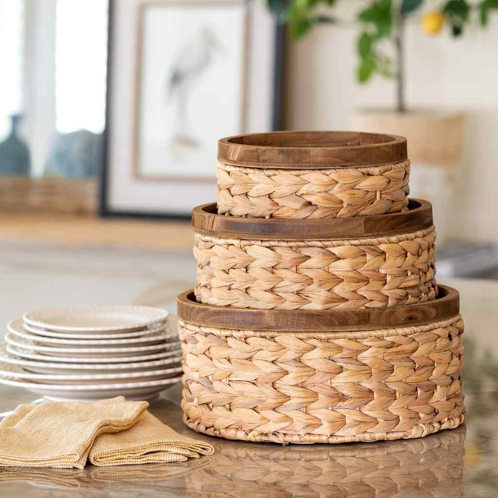 Woven Water Hyacinth Round Storage Basket, Set of 3 Brown