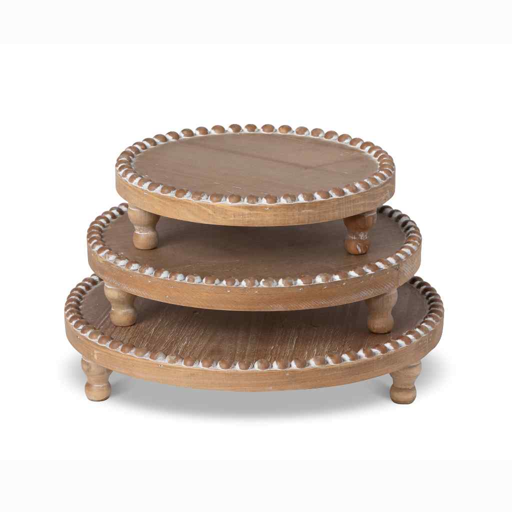 Wood Beaded Round Serving Trays, Set of 3 White