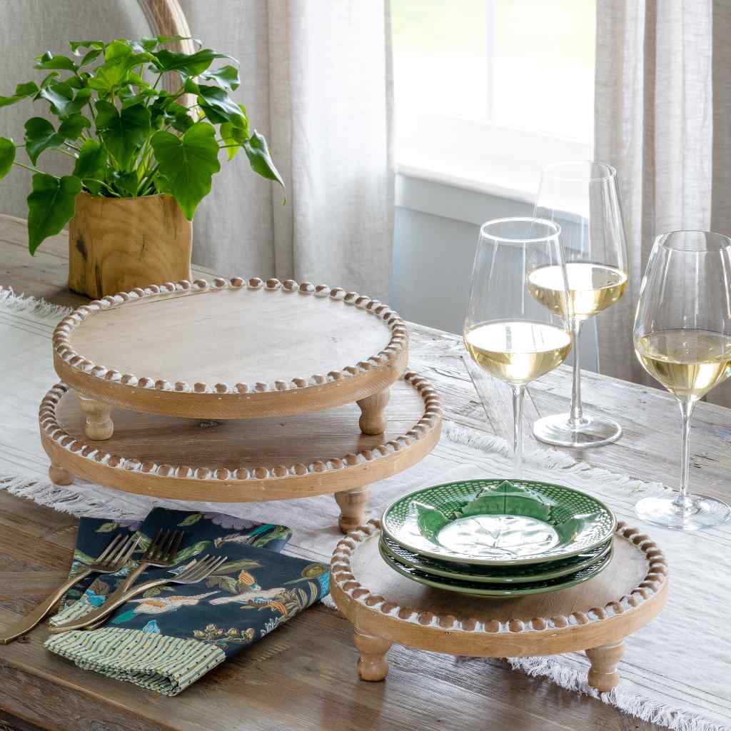 Wood Beaded Round Serving Trays, Set of 3 White