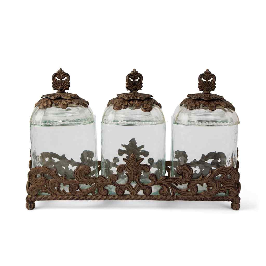 Acanthus Glass Canisters, Set of 3 with Base Dark Brown