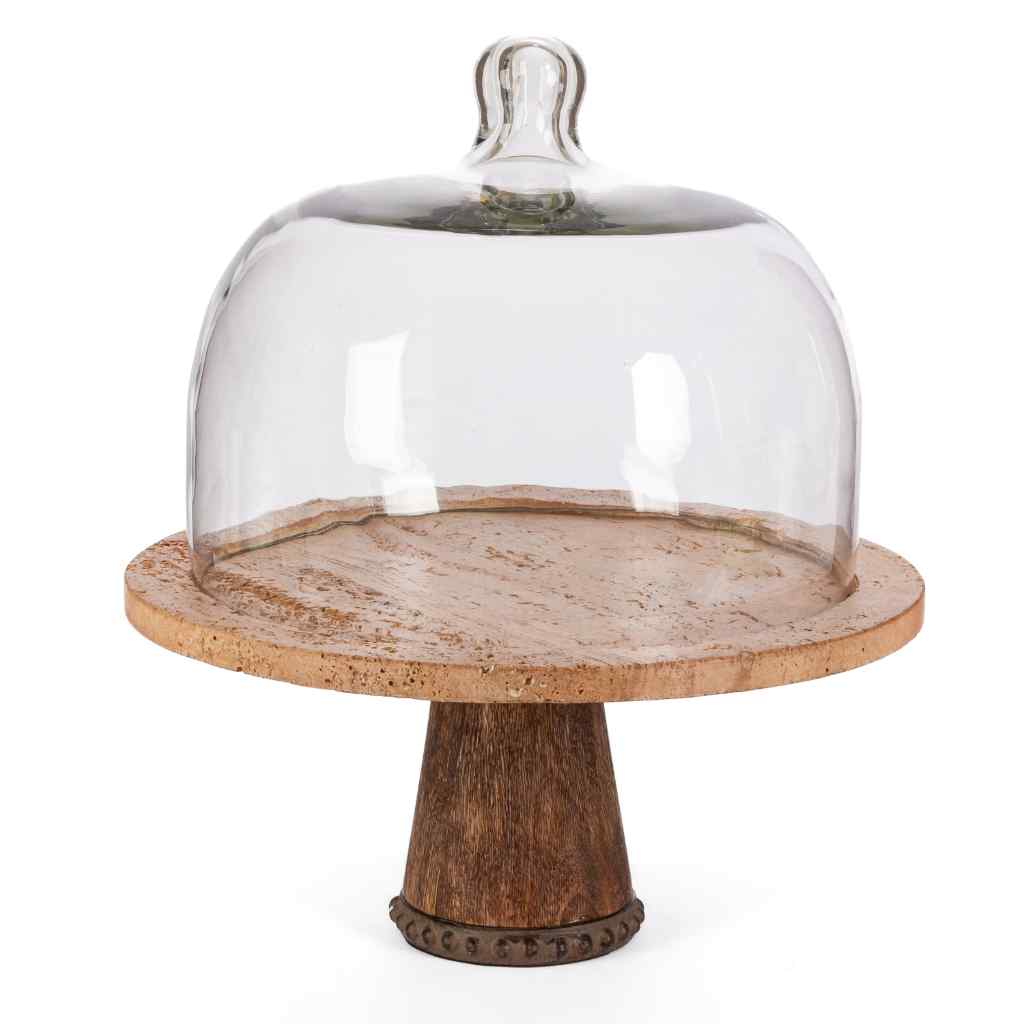 Marble Cake Plate with Glass Dome on Pedestal, 17.5" Brown