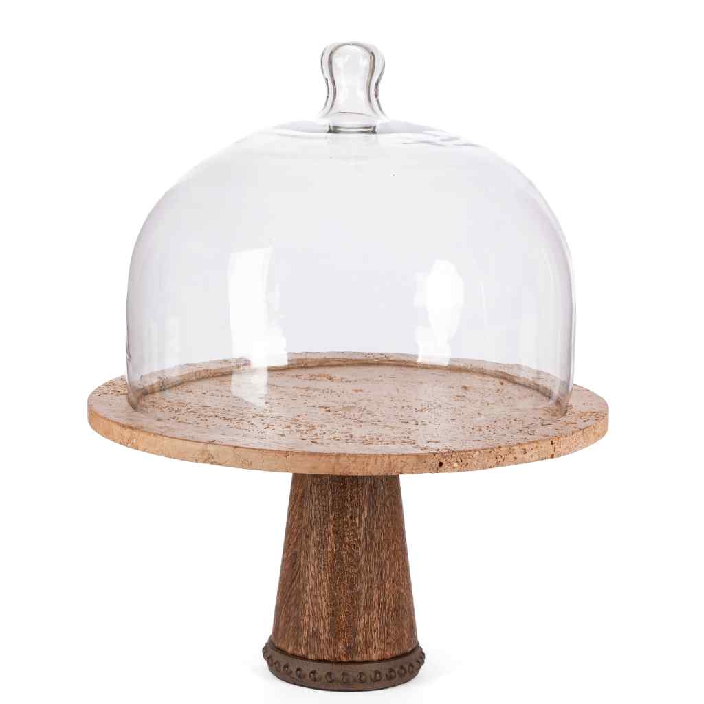 Marble Cake Plate with Glass Dome on Pedestal, 14" Brown