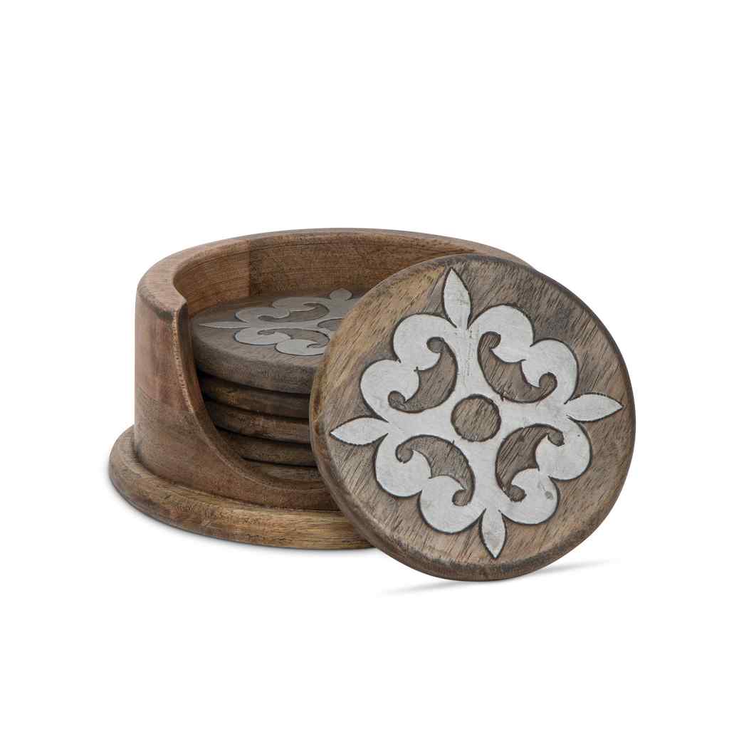 Heritage Inlay Wood Coaster Set, Set of 6 with Holder Brown