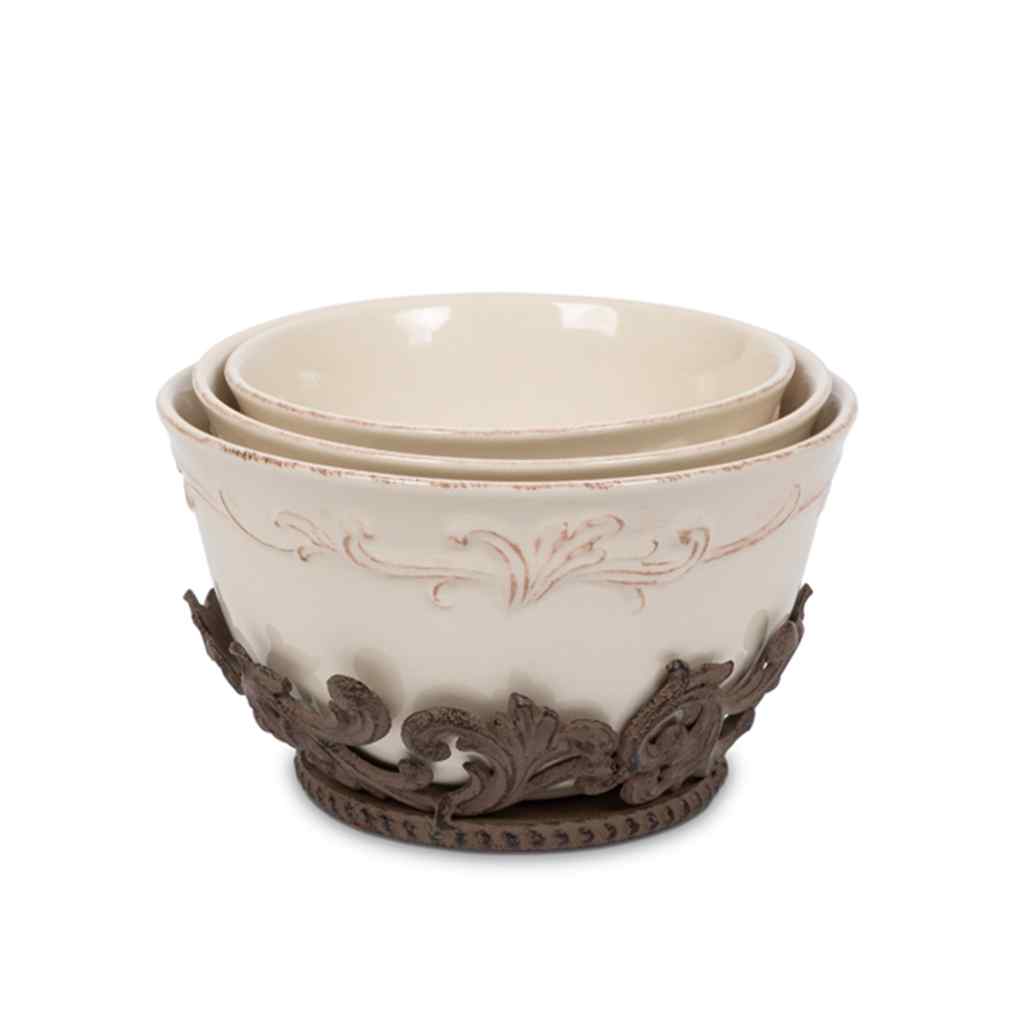 Acanthus Stoneware Nesting Bowls , Set of 3 with Base Cream