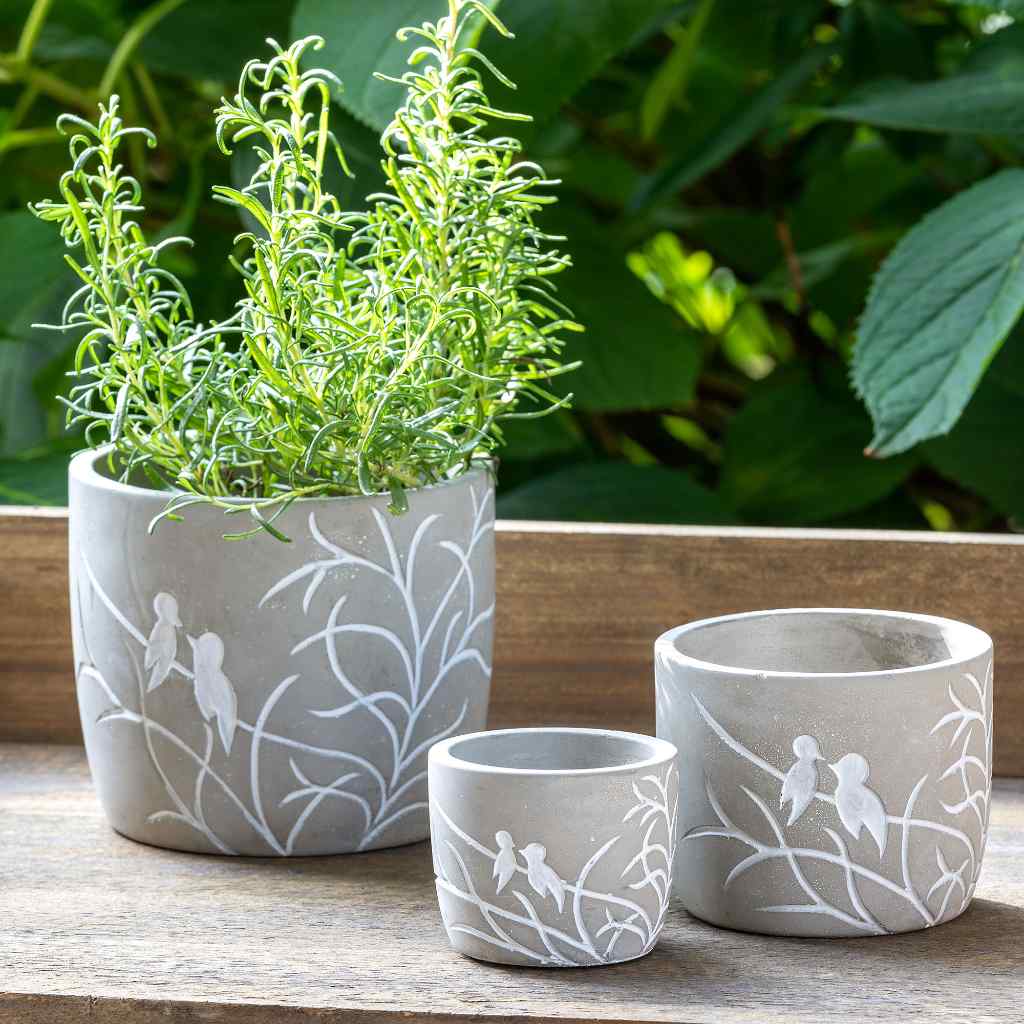 Lovebirds Silhouette Cement Pot, Medium Gray