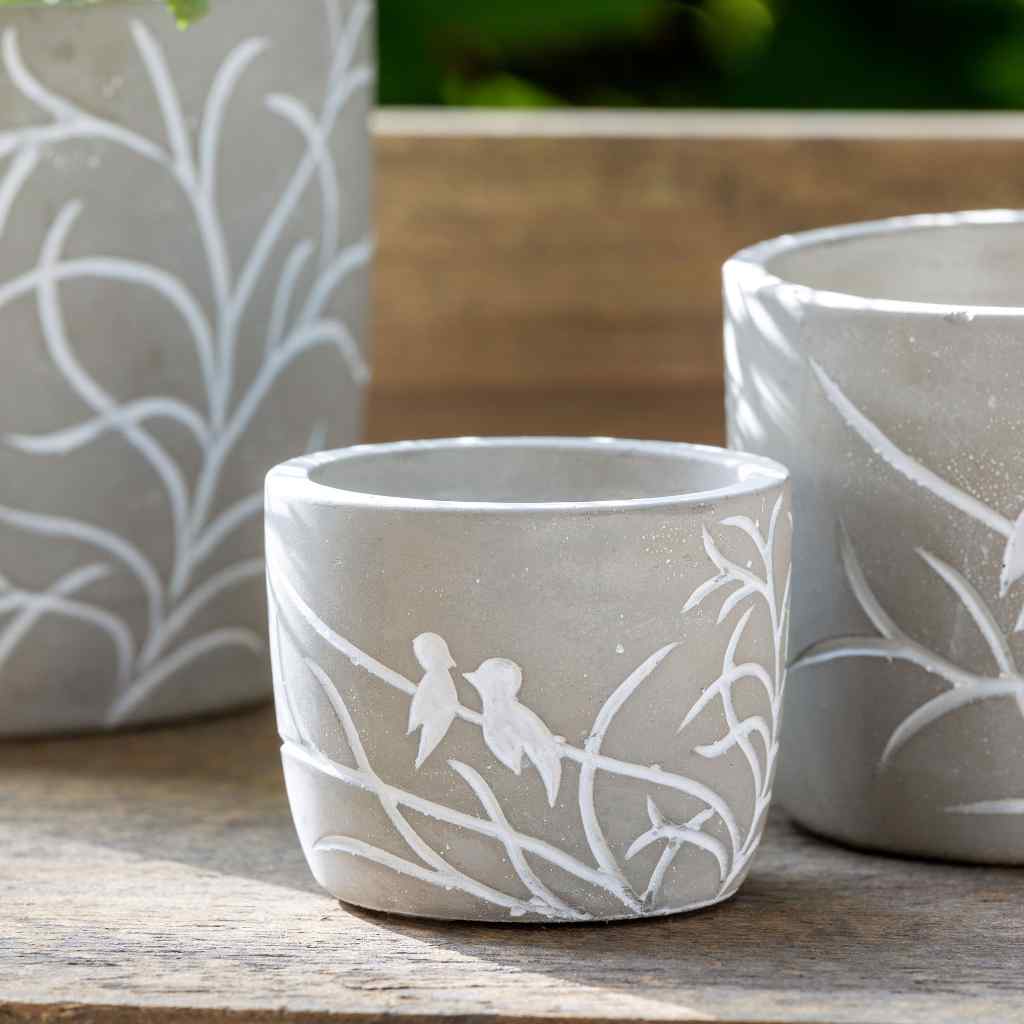 Lovebirds Silhouette Cement Pot, Small Gray