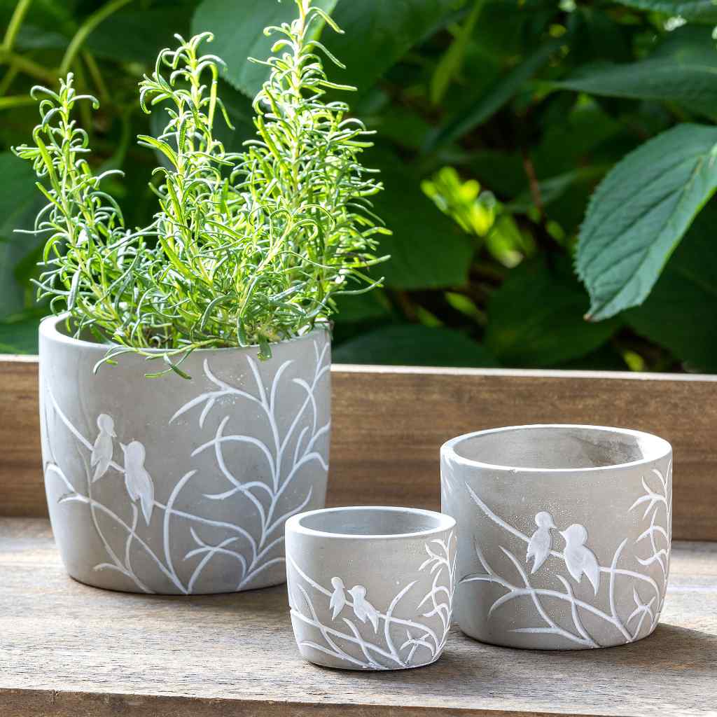 Lovebirds Silhouette Cement Pot, Small Gray