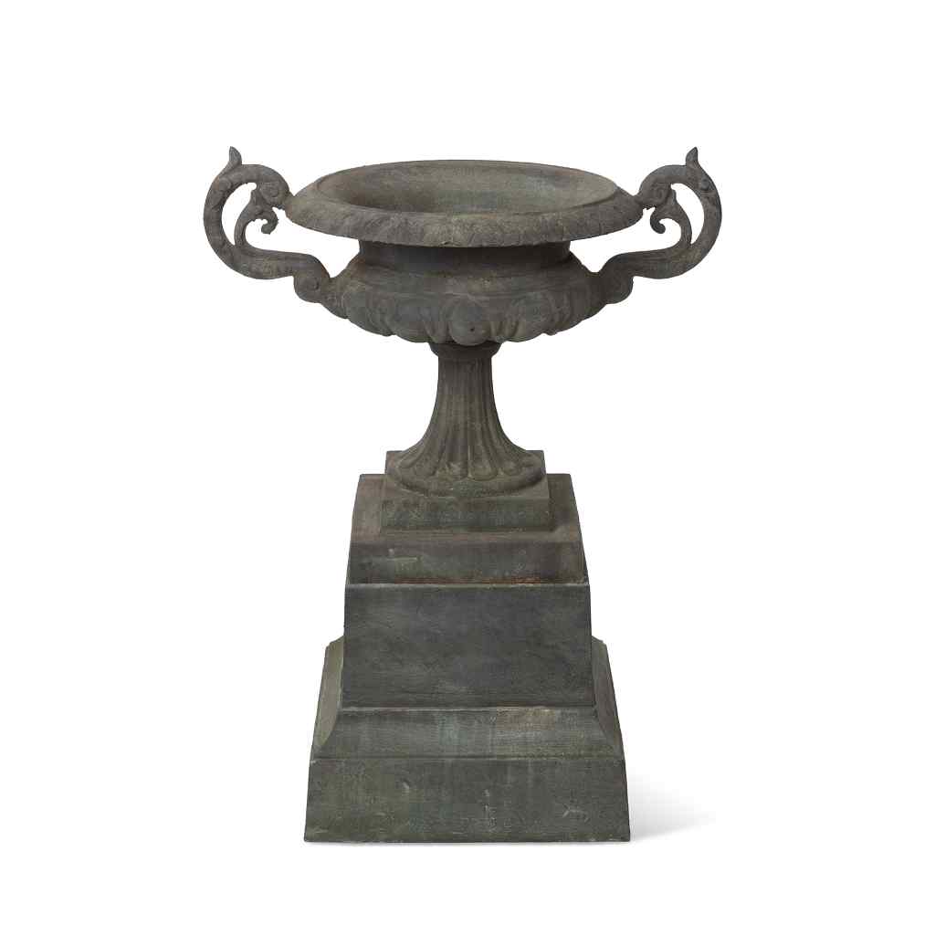 Cast Iron Terrace Urn on Plinth Gray