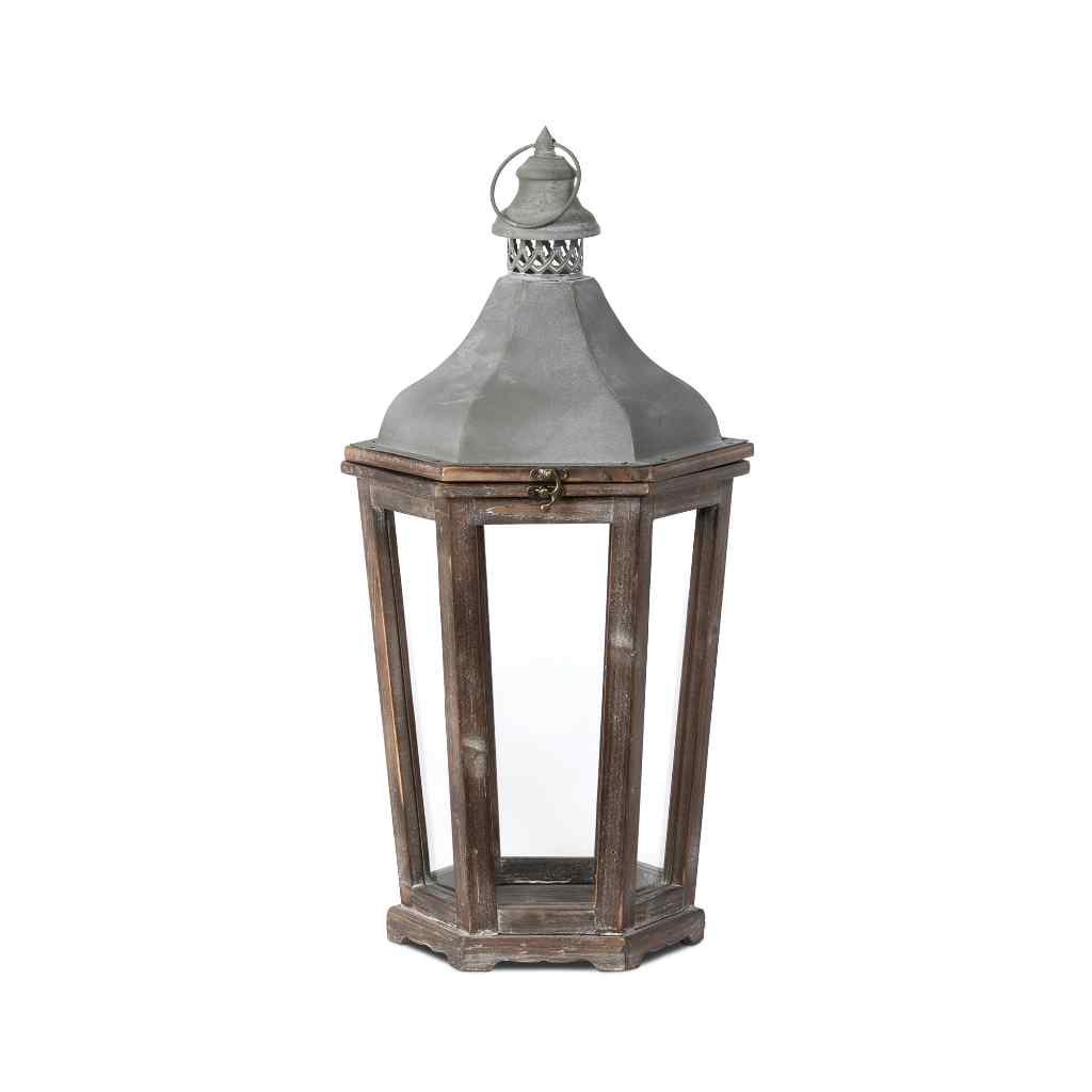 Wood & Galvanized Metal Lantern, Medium Brown