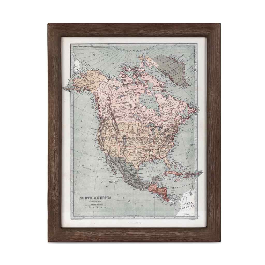 Vintage North American Wood Framed Map Brown