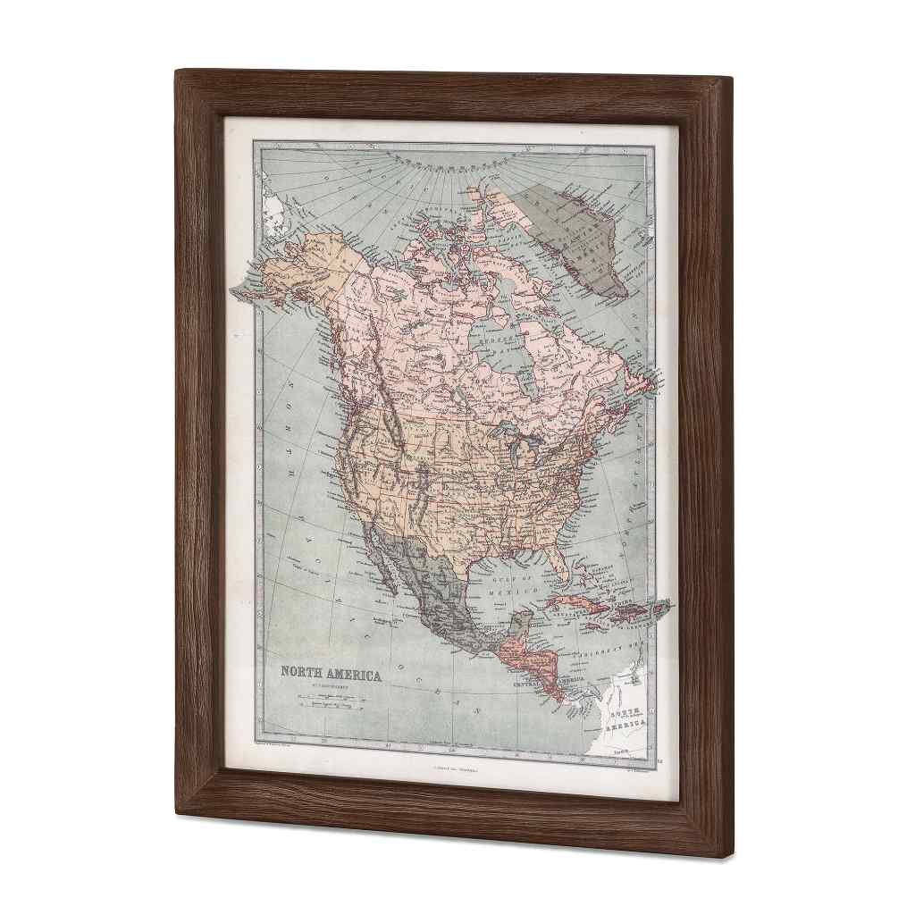 Vintage North American Wood Framed Map Brown