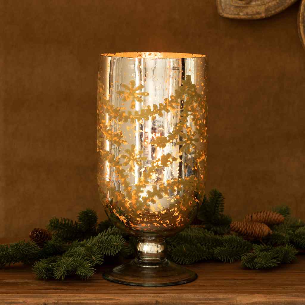 Bronze Relief Pattern Footed Hurricane, Tall Silver