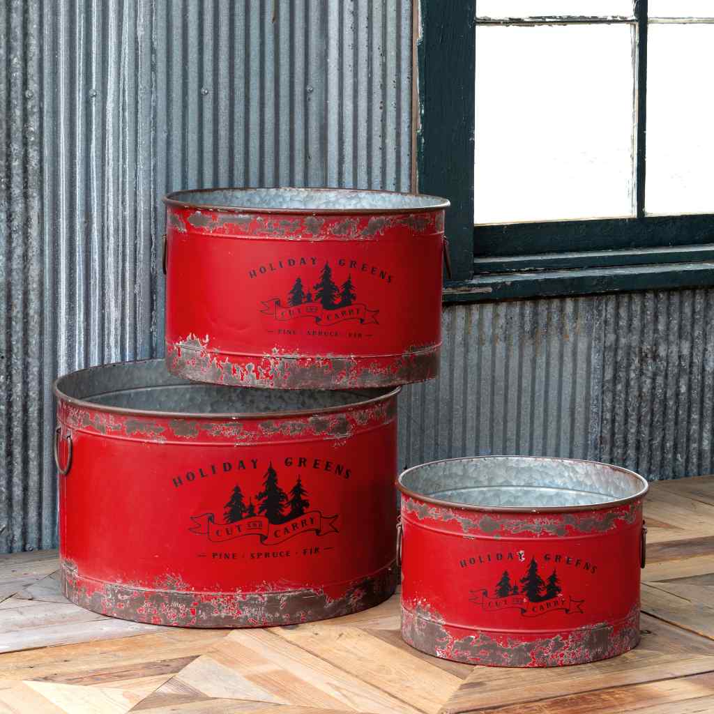 Antique Red Metal Tree Pots, Set of 3 Red