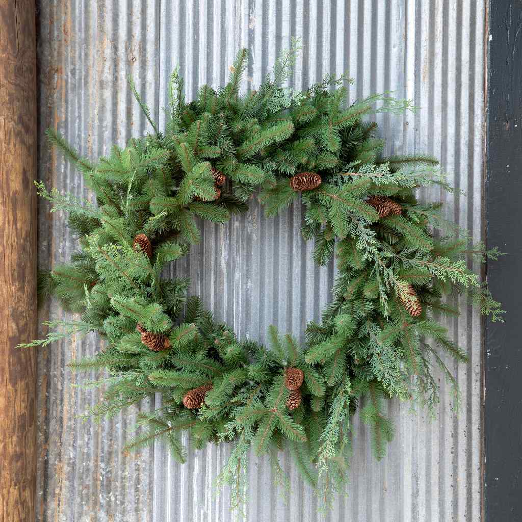 Mixed Evergreen Wreath with LED Lights Green