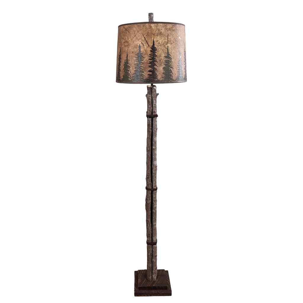 Twig And Leather Floor Lamp With Rough Sawn Base And Pine Tree Shade Rough Stain