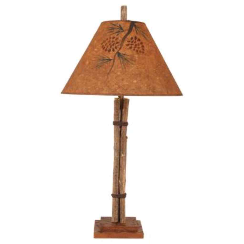 Twig And Leather Table Lamp With Pine Branch Shade Stain/Leather Accent
