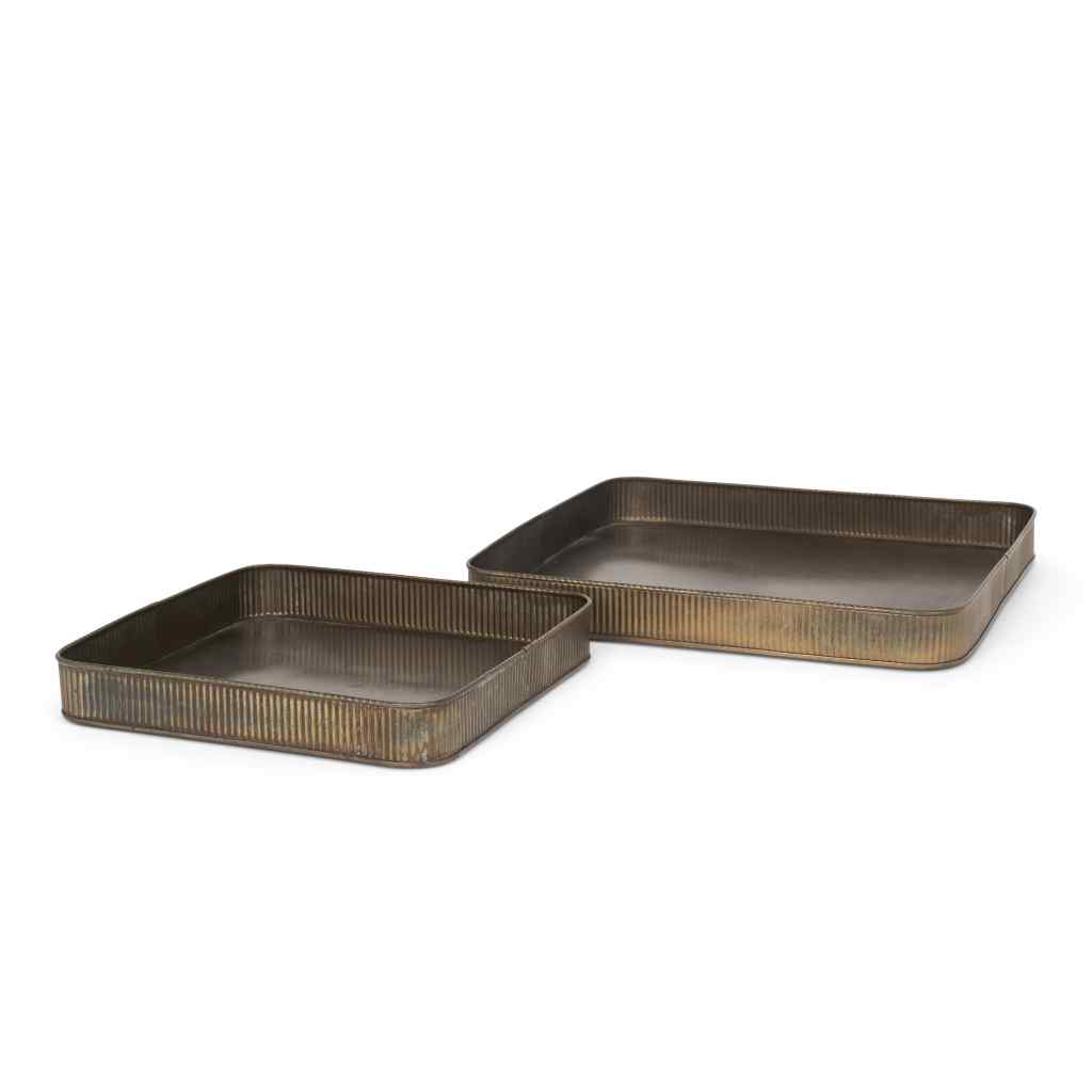 Varun Square Antiqued Brass Metal Tray (Set Of 2) Yellow