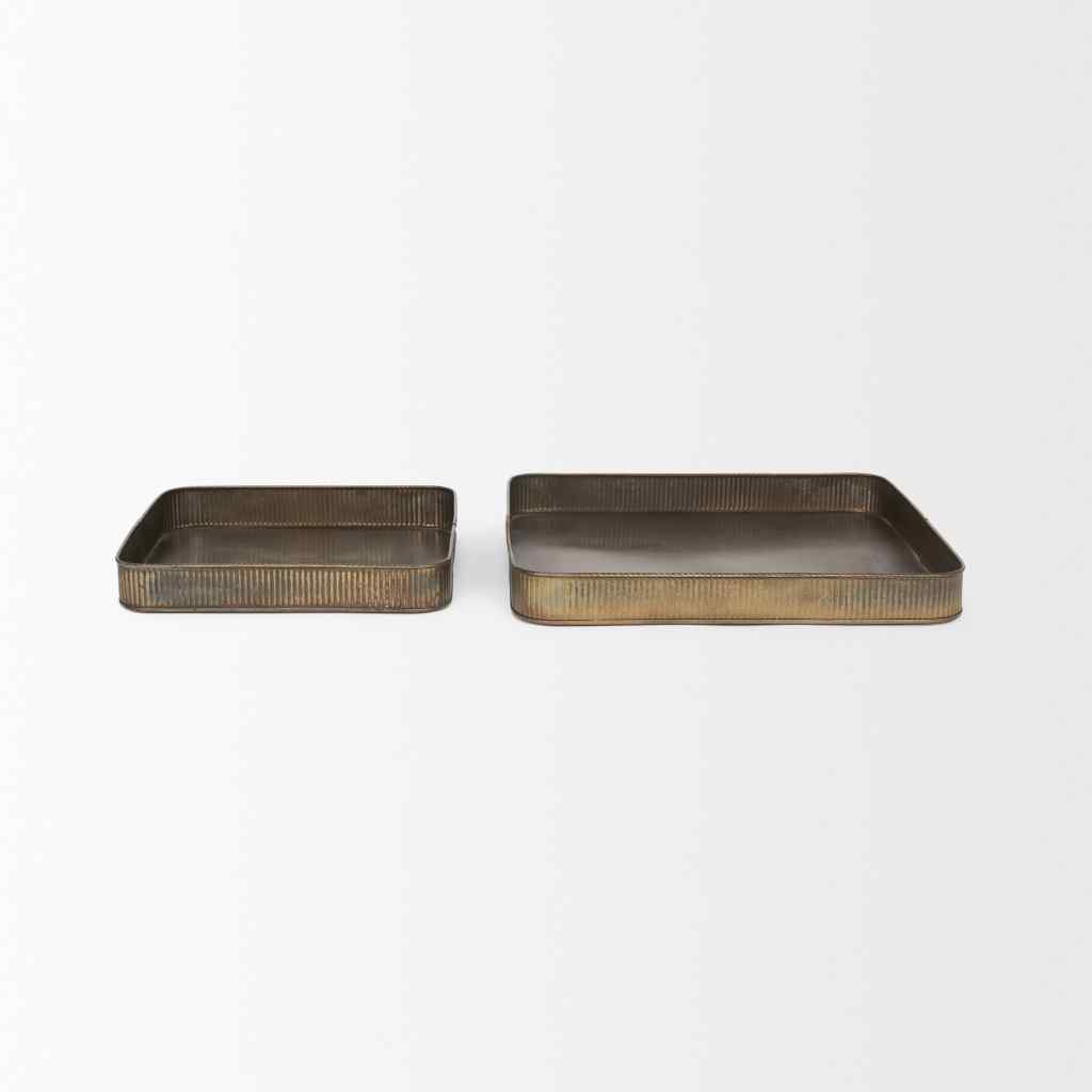 Varun Square Antiqued Brass Metal Tray (Set Of 2) Yellow