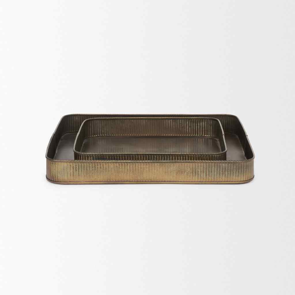 Varun Square Antiqued Brass Metal Tray (Set Of 2) Yellow
