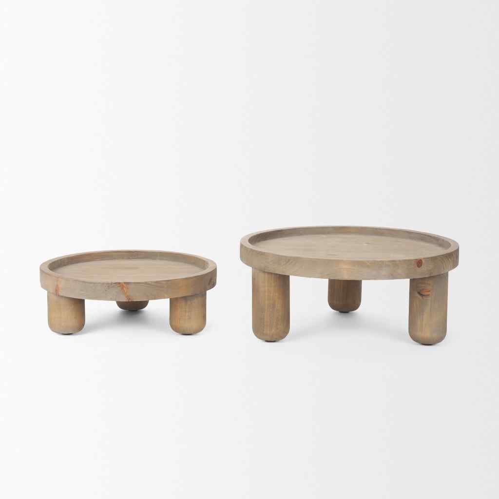 Virve Round Light Brown Wood W- Gray Wash Wooden Trays Gray