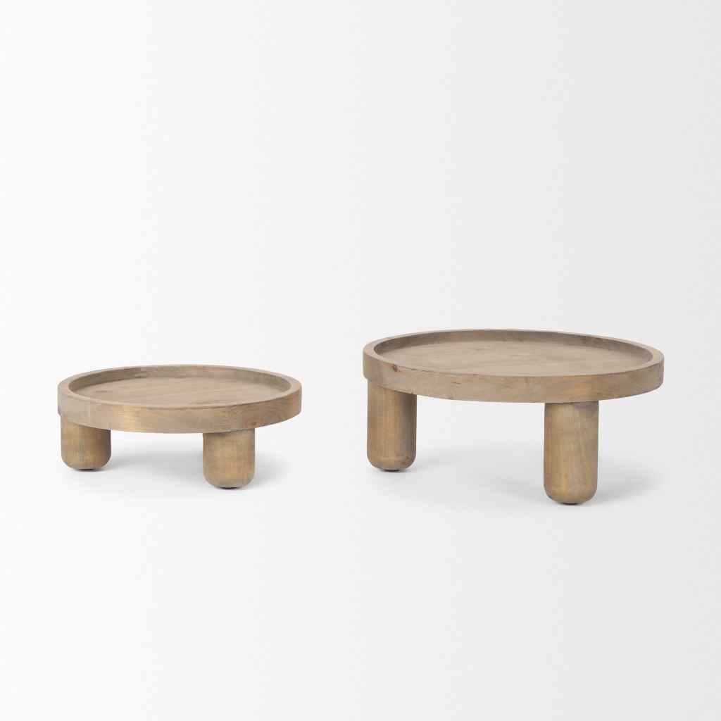 Virve Round Light Brown Wood W- Gray Wash Wooden Trays Gray