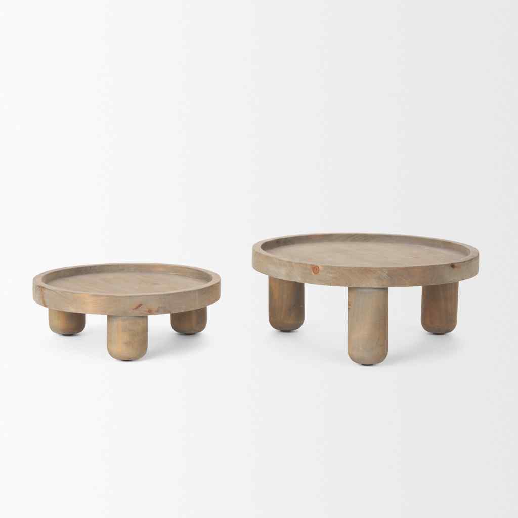 Virve Round Light Brown Wood W- Gray Wash Wooden Trays Gray