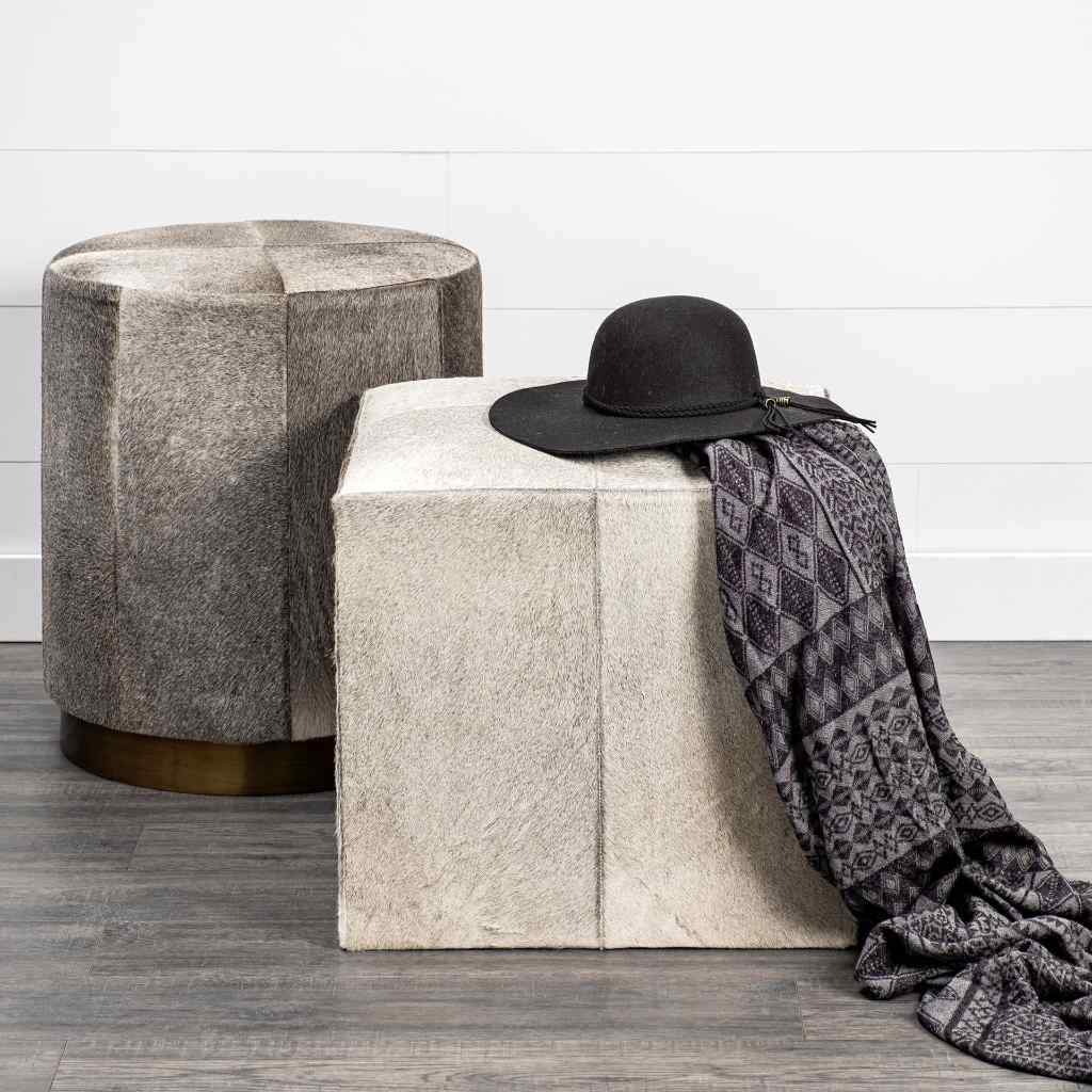 Zahavi I 20in Grey-Toned Hair-On-Hide Ottoman Gray